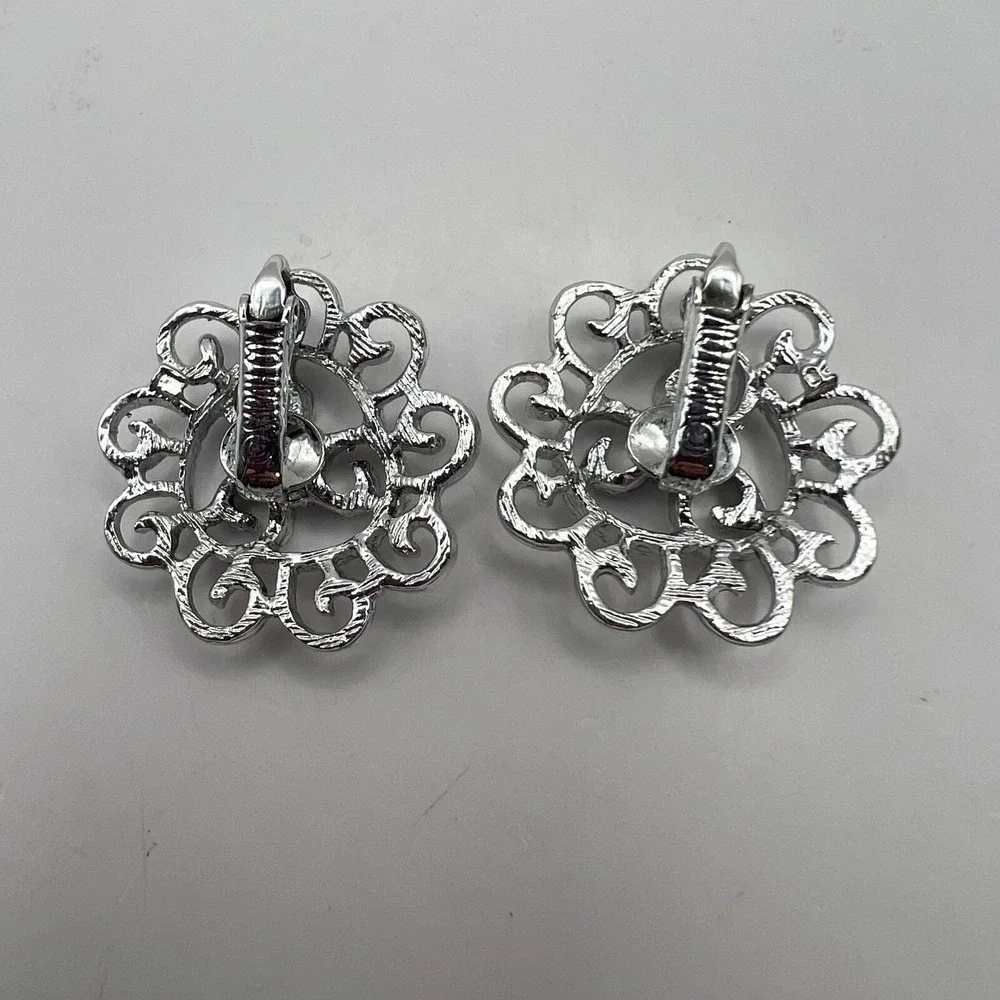 Vintage Sarah Coventry Clip On‎ Earrings Brushed Open Metal Work Silver Tone